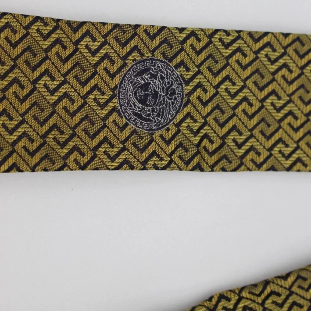 $250 Versace Medusa 100% Silk Tie - Gold/Black Greek Key Pattern - NWOT
